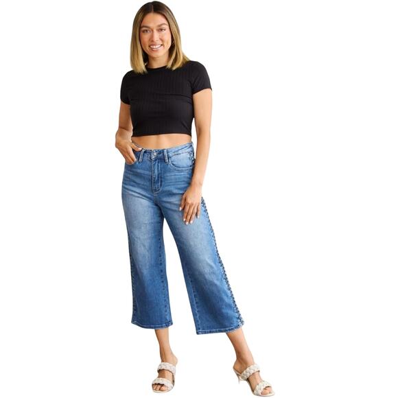 Judy Blue High Waist Braid Side Detailed Wide Leg Cropped Jeans, Size 13/31 - Picture 1 of 12